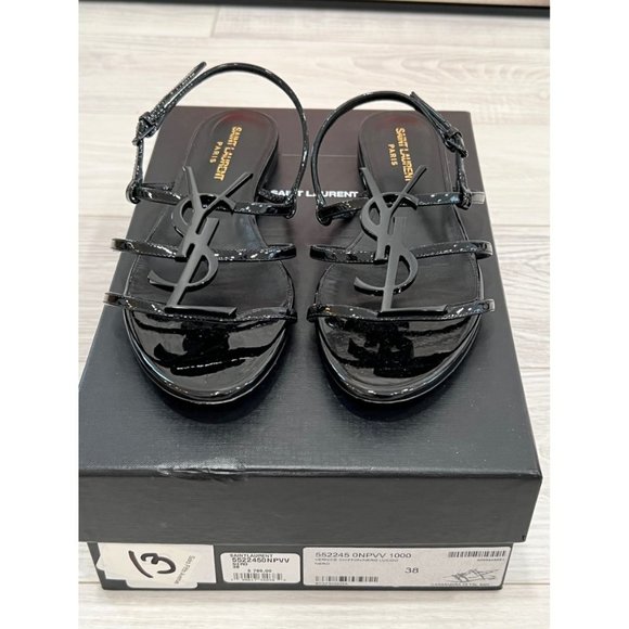 SAINT LAURENT Cassandre YSL Logo Flat Patent Leather Sandals - Picture 3 of 10